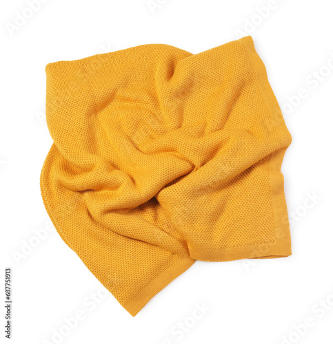 Beautiful yellow knitted blanket isolated on white, top view