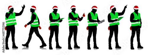 Set of male construction workers wearing Christmas hats and vests. Warehouse workers in different poses and color options with Santa hats. Vector illustration isolated on white