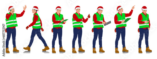 Set of male construction workers wearing Christmas hats and vests. Warehouse workers in different poses and color options with Santa hats. Vector illustration isolated on white