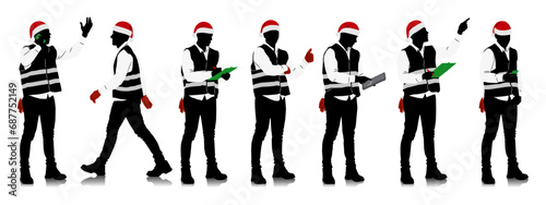 Set of male construction workers wearing Christmas hats and vests. Warehouse workers in different poses and color options with Santa hats. Vector illustration isolated on white