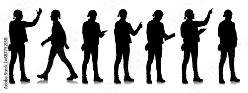 Set of male construction workers wearing Christmas hats and vests. Warehouse workers in different poses and color options with Santa hats. Vector illustration isolated on white