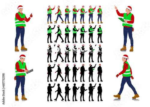 Set of male construction workers wearing Christmas hats and vests. Warehouse workers in different poses and color options with Santa hats. Vector illustration isolated on white