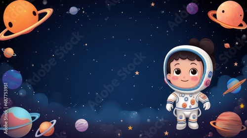 Astronaut cartoon illustration, greeting card template text blank space. © Muamanah