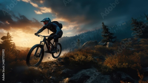 Cyclist doing downhill exercise on a rocky hill. © Muamanah