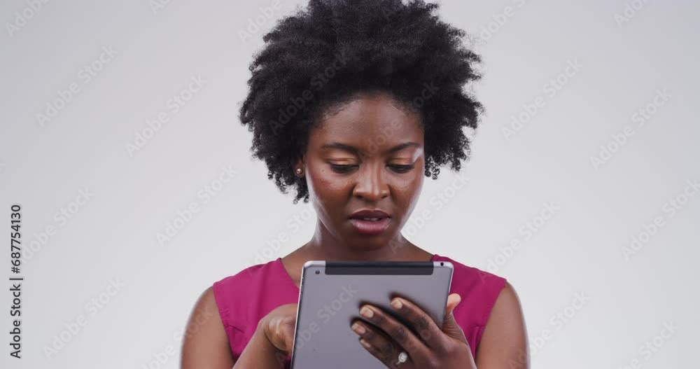 Happy, internet and black woman with a tablet, social media and connection on white studio background. African person, girl or model with technology, smile and digital app with email, website or post