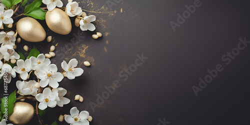 golden eggs with flowers, Colourful Easter Eggs with Flowers on a black Background Copying Space View, Composition with eggs and iris flowers on wooden surface, Colourful eggs in nest with flow, 