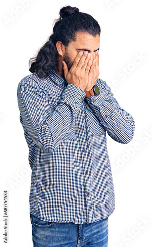 Young arab man wearing casual clothes rubbing eyes for fatigue and headache, sleepy and tired expression. vision problem