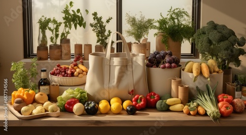 Wallpaper Mural Paper shopping bags and fresh fruits and vegetables on table Torontodigital.ca