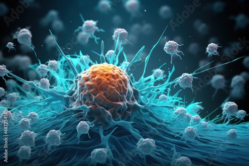 Macro view of a cancerous tumor cell that is attacking the body. Generative AI.