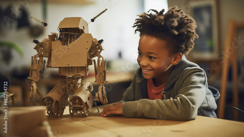 A young African American boy making a robot out of cardboard photo