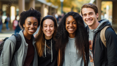 Happy diverse group of college students on a university campus