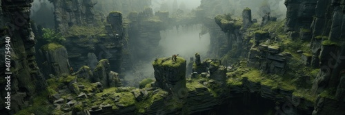a short cliff surrounded by wooded landscape with moss  generative AI
