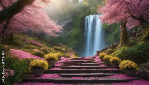 Wedding Backdrop, Maternity backdrop, Spring, photography backdrop, waterfall, petal, flower, floral, staircase, steps, nature, forest,lake, stairway, path, pathway, walkway photo
