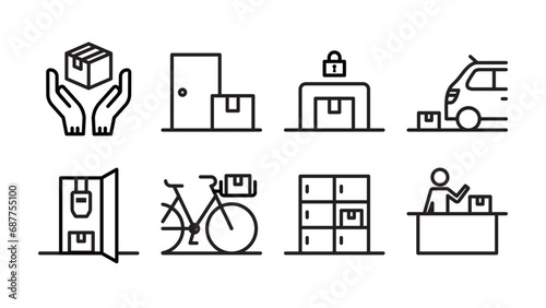 Set of icons for placement and distribution Variable line width Entrance, delivery box, car shade, gas meter box, bicycle basket, reception desk