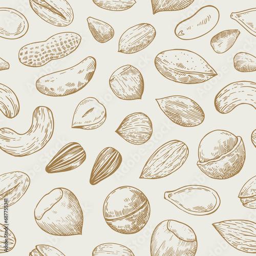 Seamless pattern with nuts and seeds. Sketch drawing in engraving style. Vector illustration