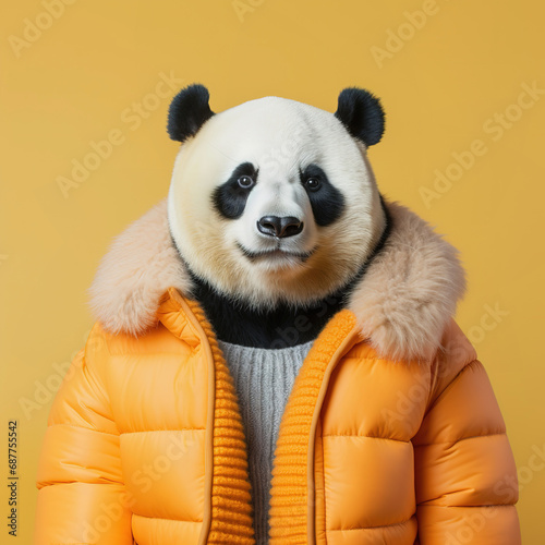 Panda bear in winter jacket. Fashion portrait. Pop art lifestyle
