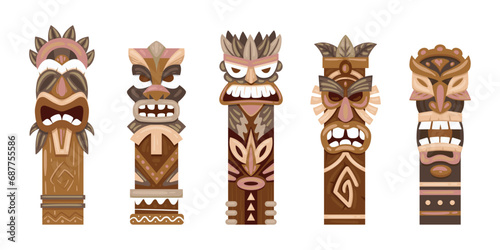 Cartoon tiki totems. Aboriginal wooden statues, ritual pole totems flat vector illustration set. Indigenous traditional sculptures