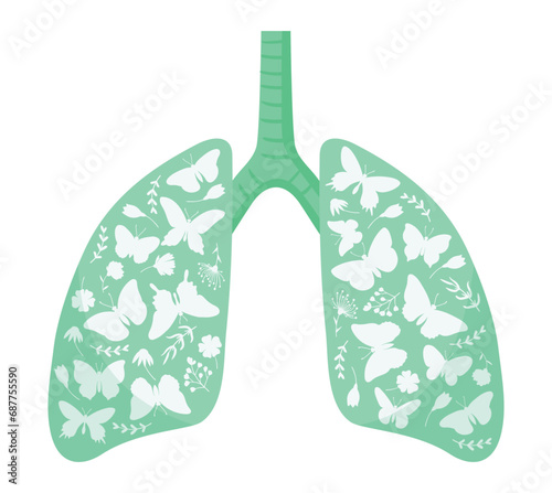 Cartoon green planet lungs metaphor. Human healthy, clean lungs with butterflies, fresh air, good ecological condition flat vector illustration