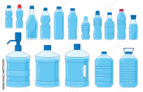 Cartoon plastic bottles. Water plastic containers, empty bottles of various shapes, mineral water flasks flat vector illustration set. Transparent plastic water bottle collection