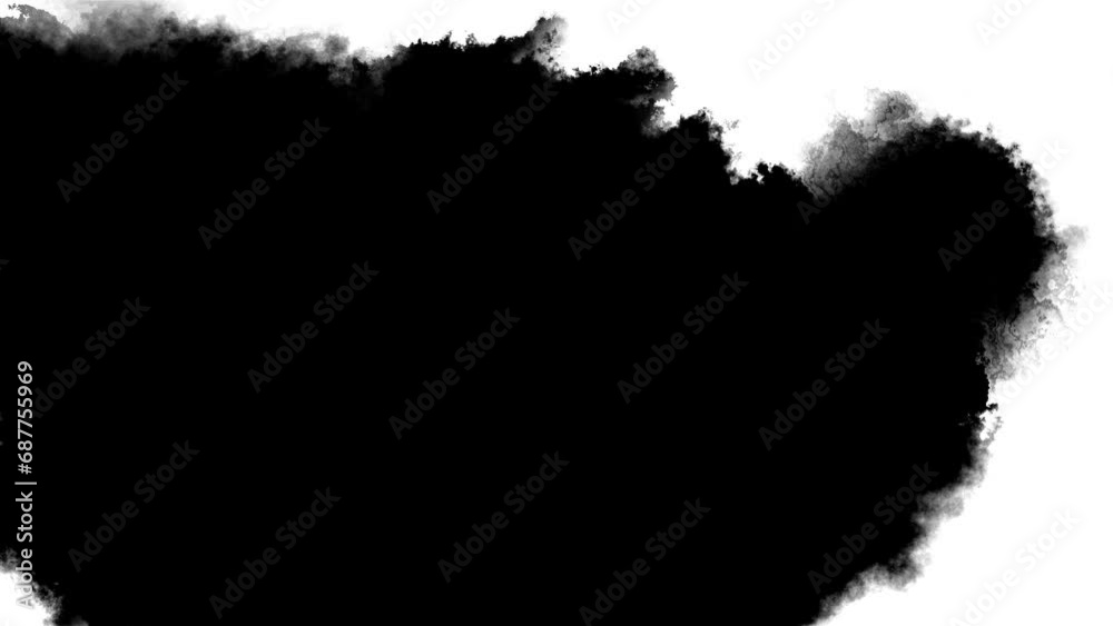 Abstract ink splatter transition. ink brush stroke, fluid art background, overlay, alpha matte composition. Bloom ink drops. Ink matte, splash transition reveals. splatters, falling spreading