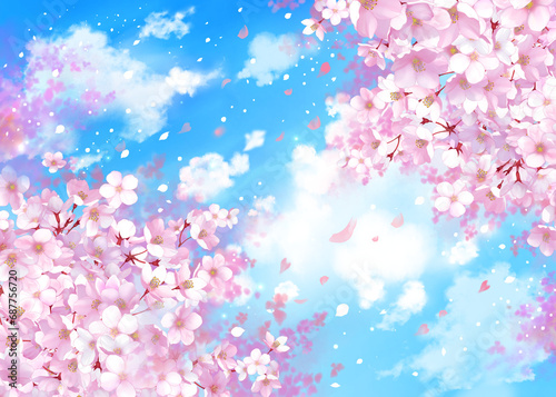 桜と青空の背景素材 桜吹雪 お花見 入学 卒業 入園 卒園 入社 ひな祭り 雛祭り © あんもち