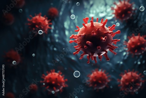 Image of a virus resembling coronavirus in red and blue hues on a dark background