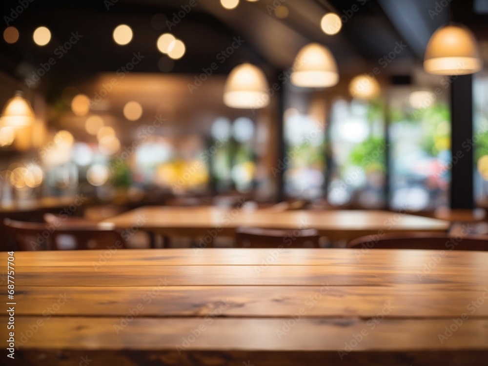 Wooden top table with bokeh light effect and blur restaurant on background