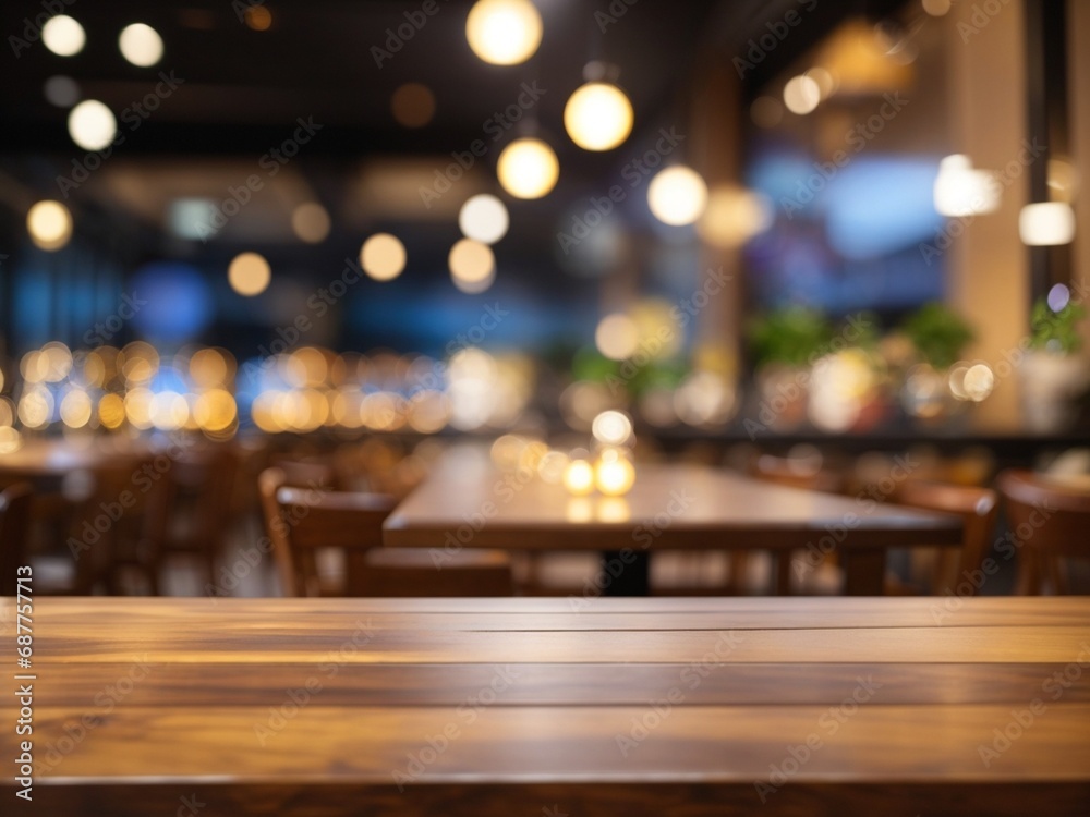 Wooden top table with bokeh light effect and blur restaurant on background