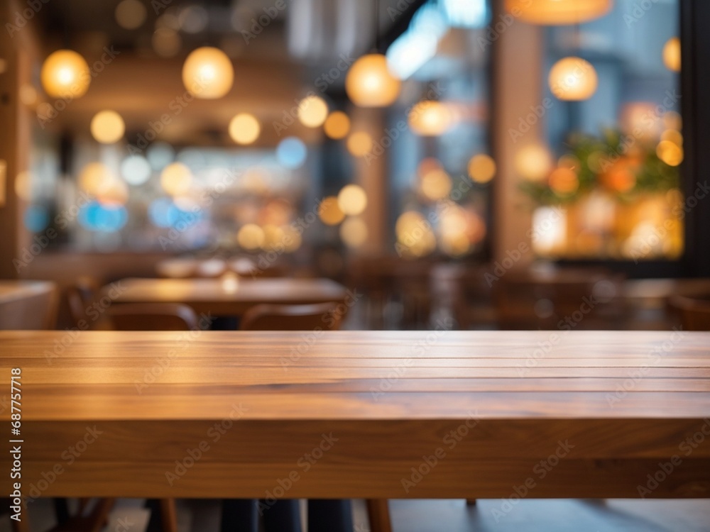 Empty wooden table in front of blurred bar interior. Warm lighting, bokeh effect create cozy atmosphere. Great for products food. Rustic style interior design concept. Suitable for cafes, bars, Empty wooden table in front of blurred bar interior. Warm lighting, bokeh effect create cozy atmosphere. Great for products food. Rustic style interior design concept. Suitable for cafes, bars,