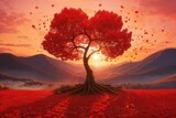 Love tree red heart shaped tree at sunset background

