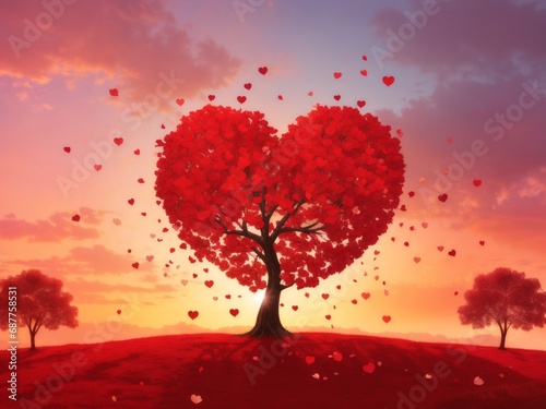 Love tree red heart shaped tree at sunset background 