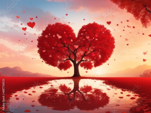 Tree of love in spring. Red heart shaped tree at sunset. Beautiful landscape with flowers.Love background with copy space.Valentine day card