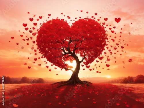 Love tree red heart shaped tree at sunset background  © Kawin