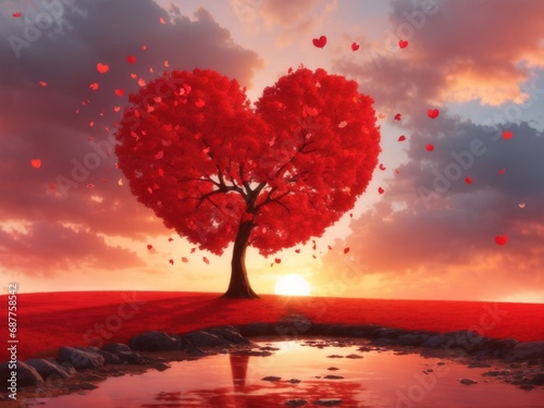 Love tree red heart shaped tree at sunset background  © Kawin