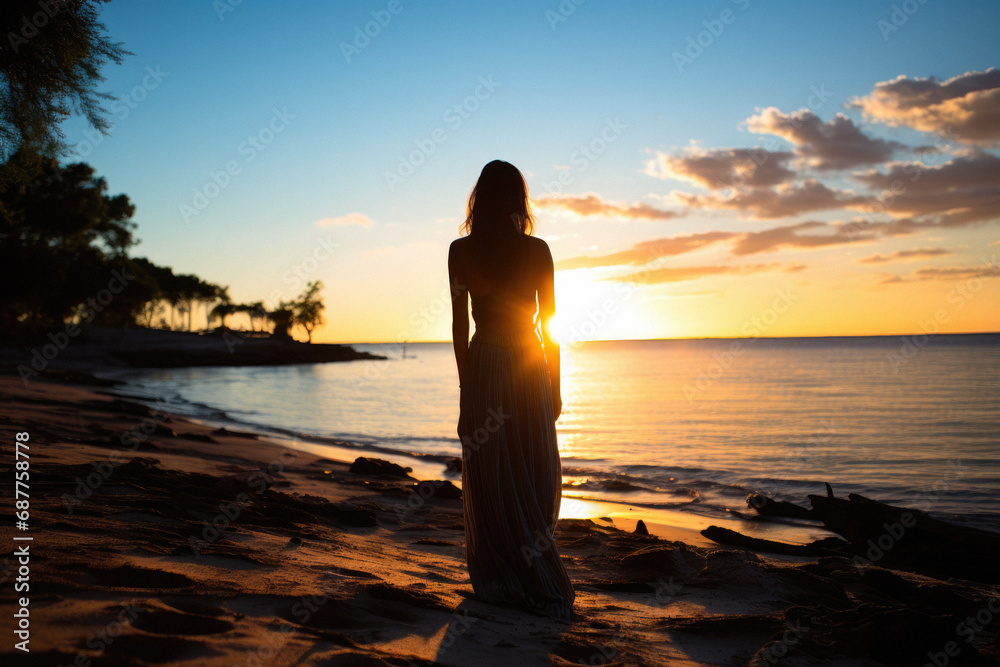 photo of a person / people on the beach in the style of Intrepid traveler, traveling on a shoestring, tramping, hiking and tracking - Wandering lonely but content soul on a wild beach - 