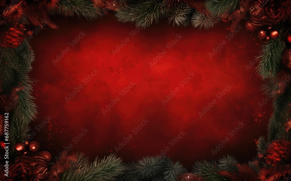Red background surrounded by fir branches Red background surrounded by fir branches