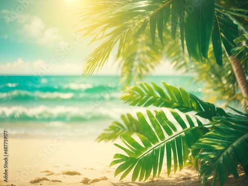 Beautiful nature blur green palm leaves on tropical beach with bokeh light 