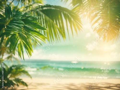 Beautiful nature blur green palm leaves on tropical beach with bokeh light 