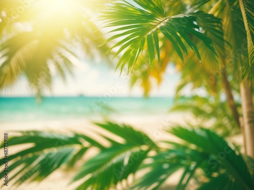 Beautiful nature blur green palm leaves on tropical beach with bokeh light 