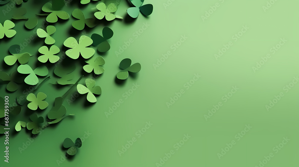 St. patrick's day. green background with clover leaves: shamrock and four-leafed. copy space. Paper craft - obrazy, fototapety, plakaty 