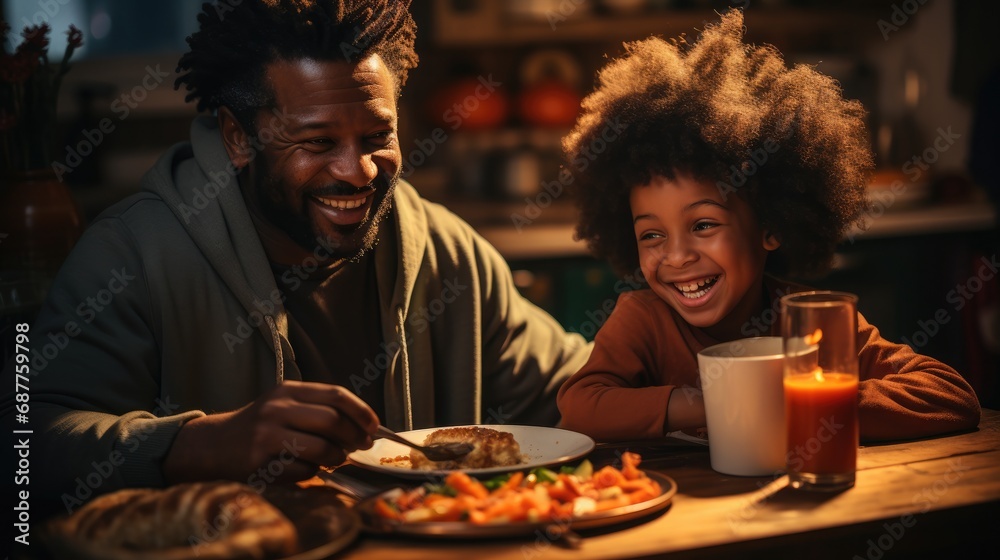 Black family has breakfast at home