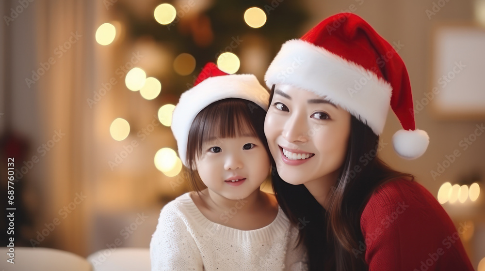 Asian woman wearing Christmas hat with daughter in the living room Asian woman wearing Christmas hat with daughter in the living room