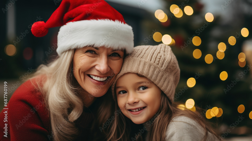 mature woman wearing Christmas hat with daughter in the living room mature woman wearing Christmas hat with daughter in the living room