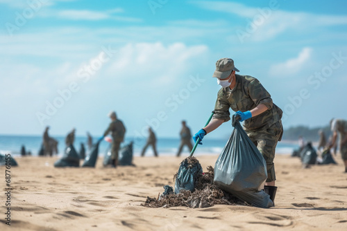 A dedicated young volunteer, wearing black gloves, walks along the riverbank with a garbage bag in hand, passionately cleaning up the litter-strewn shore. Generative AI.