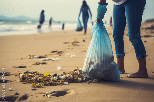 A dedicated young volunteer, wearing black gloves, walks along the riverbank with a garbage bag in hand, passionately cleaning up the litter-strewn shore. Generative AI.