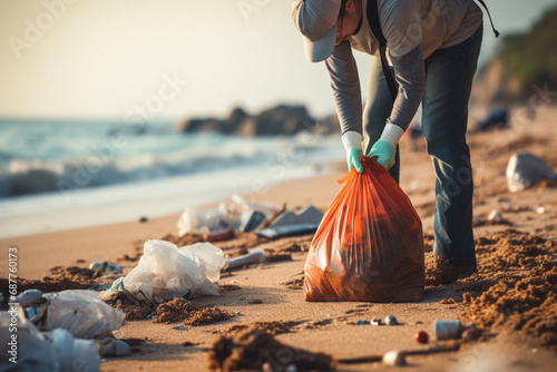 A dedicated young volunteer, wearing black gloves, walks along the riverbank with a garbage bag in hand, passionately cleaning up the litter-strewn shore.  Generative AI. photo