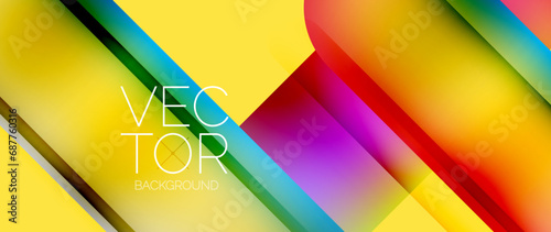 Dynamic bright colorful geometric elements with fluid gradients, lights, shadows blend in a minimal backdrop, creating captivating composition