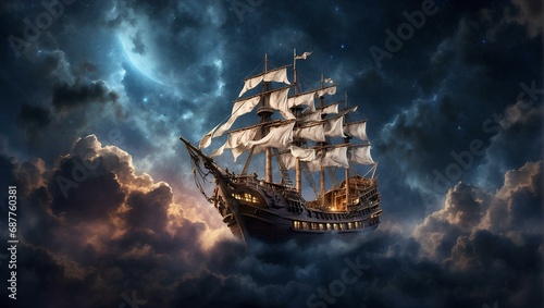 Fototapeta Naklejka Na Ścianę i Meble -  A pirate ship sailing in the clouds and space, floating and flying in the sky