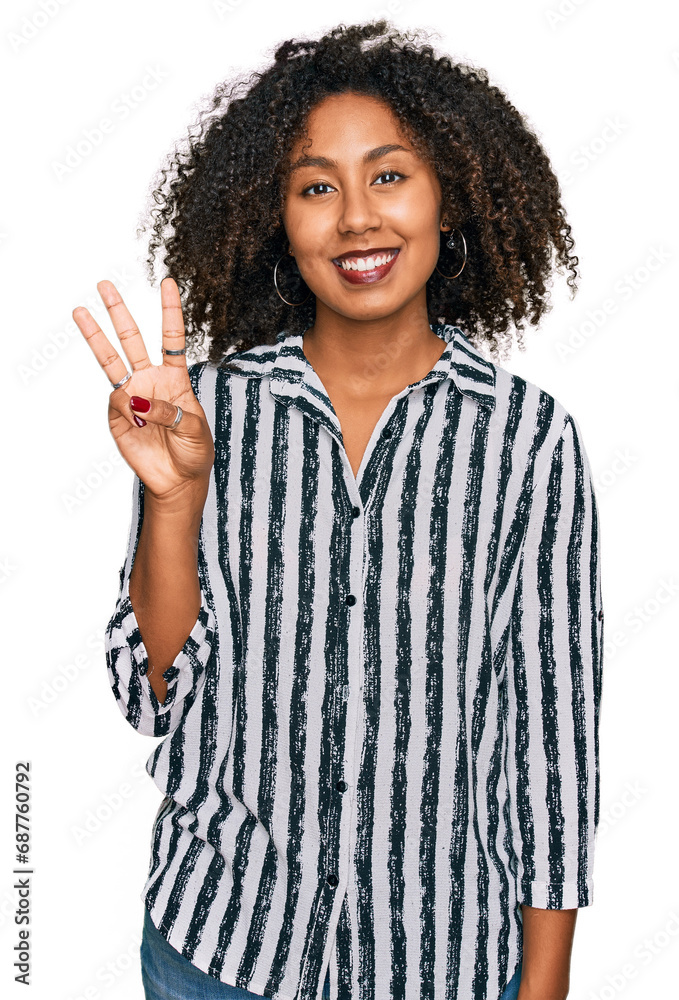 Young african american girl wearing casual clothes showing and pointing up with fingers number three while smiling confident and happy. Young african american girl wearing casual clothes showing and pointing up with fingers number three while smiling confident and happy.