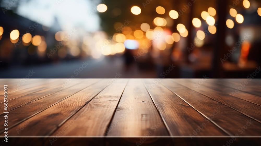 Empty wooden table and blurred background of street at night. For product display Empty wooden table and blurred background of street at night. For product display